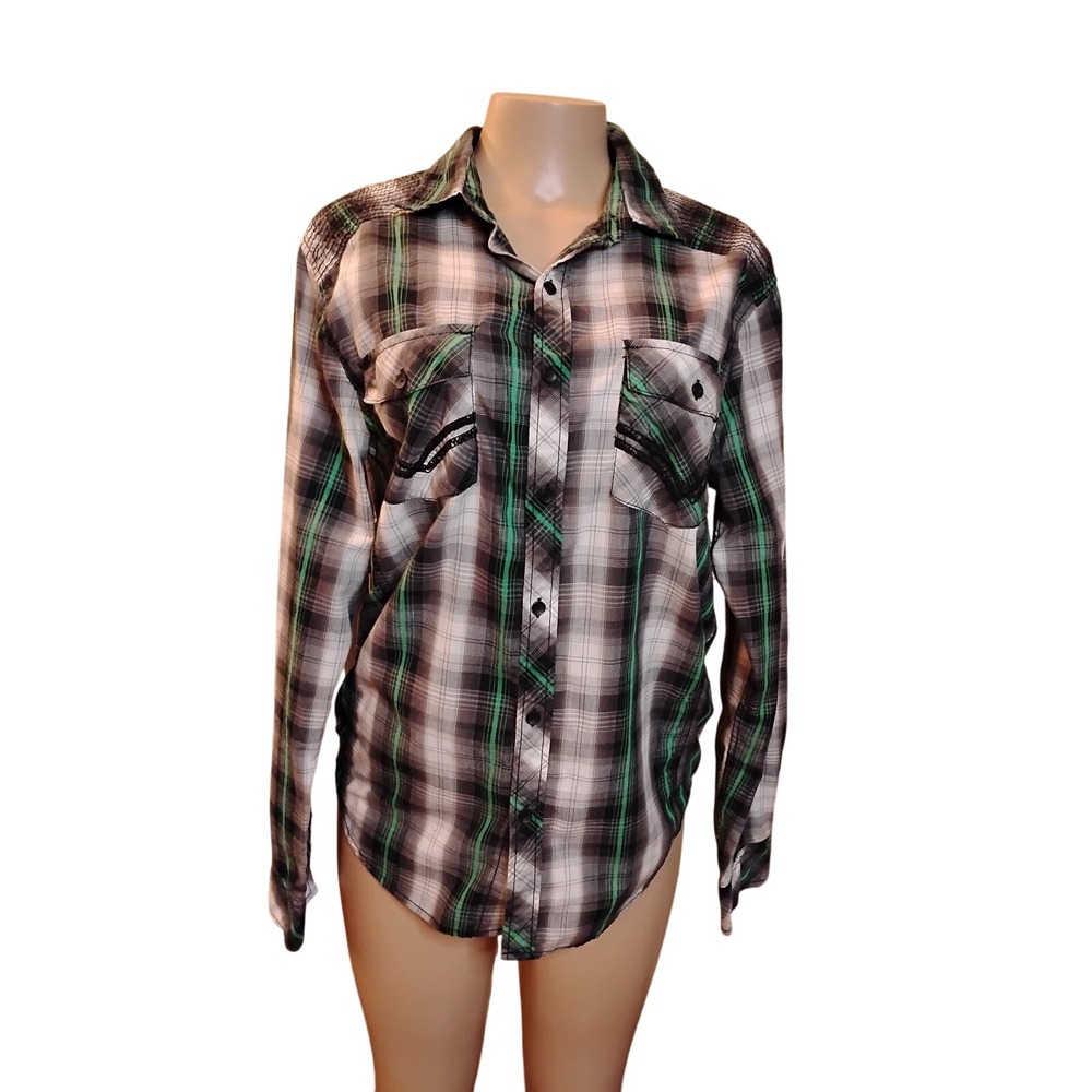 Y2K Chals Authentic Brand Mens Plaid Button Down Shirt Green Black White Medium